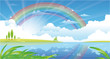 beautiful summer landscape with river and rainbow