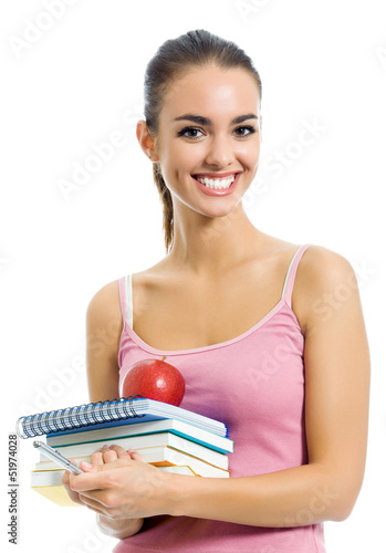 Photo: Young woman with notebooks, isolated Young woman with notebooks, isolated