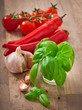 Red chili peppers, tomatoes, garlic and basil 