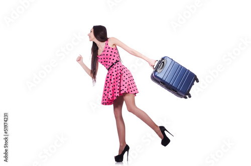 Photo: Young woman ready for summer vacation on white Young woman ready for summer vacation on white