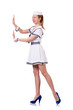 Woman in costume pushing virtual obstacle