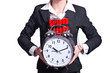 Woman with dynamite and clock on white