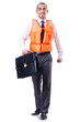 Man in life jacket isolated on white
