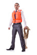 Man in life jacket isolated on white