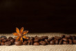 Coffee and Star Anise on sackcloth background with copyspace