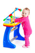 little girl and the keyboard on white background.