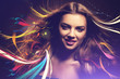 smiling girl with long hair and rainbow lines