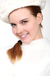 portrait of delightful woman with woolen cap and jumper