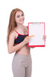Young woman with notepad writing on white