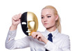 Woman with mask in hypocrisy concept