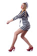 Woman in costume pushing virtual obstacle