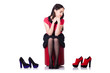 Young woman with choice of shoes on white