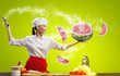 Asian female cook with knife