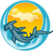 hammerheads on circle water and yelow sun
