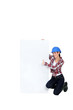 Brunette builder giving thumbs-up by blank poster