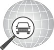 icon with jeep car in magnifier on planet background