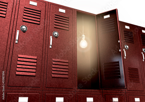 Illustration: Red School Lockers With Light Bulb Inside Perspective Red School Lockers With Light Bulb Inside Perspective