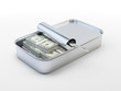 Hundred dollar bills in a tin can