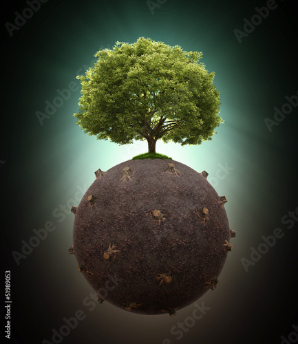 Illustration: Single tree left on a deforested globe Single tree left on a deforested globe