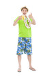 full length young man drinking beer at summer time