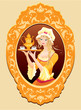 Oval Portrait of Beautiful blonde girl with coffee cup and pot d