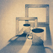grunge wood frame and cup background, vintage paper texture