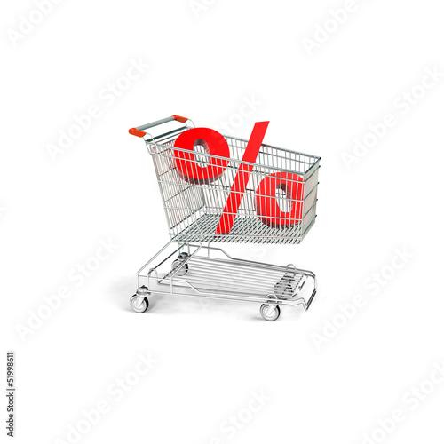 Illustration: Einkaufswagen mit Prozentzeichen rot 3D Einkaufswagen mit Prozentzeichen rot 3D
