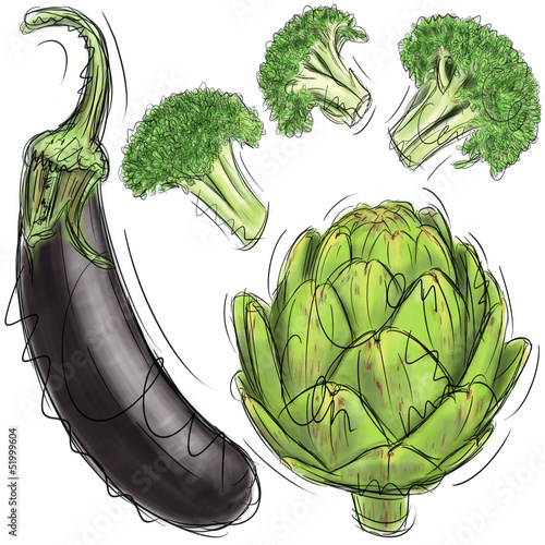 Illustration: Eggplant, artichoke, and broccoli Eggplant, artichoke, and broccoli