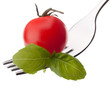 Basil leaf  and cherry tomato on fork isolated on white backgrou
