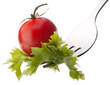Fresh salad and cherry tomato on fork isolated on white backgrou