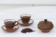 Set de cafe, original, cubano, tetera, tasa, granos y azucarera.