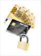 Money credit card and padlock. Concept of a safe payment