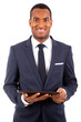 Photo: Happy smiling african american young businessman with tablet com Happy smiling african american young businessman with tablet com