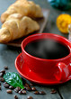 breakfast with cup of coffee and croissants