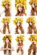 Fall woman.Collage of portrait of girl with autumn wreath