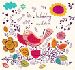 Vector: Cute bird on branch. Greeting card Cute bird on branch. Greeting card