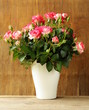 Photo: flowers roses in a vase on wooden background flowers roses in a vase on wooden background