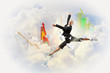 businesswoman in black suit jumping