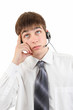 Young Man Thinking in Headset