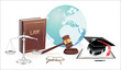 international globe, scales of justice, gavel and book