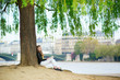 Photo : Girl reading a book under the tree Girl reading a book under the tree