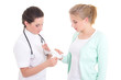 young doctor bandaging female hand over white background