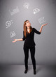 beautiful young woman juggling with statistics and graphs