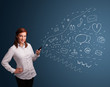 Girl typing on smartphone with various modern technology icons