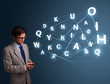 Young man typing on smartphone with high tech 3d letters comming