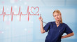Young nurse listening to abstract pulse with red heart