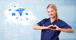 Young doctor with abstract cloud and medical icons