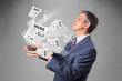 Foto: Middle aged businessman holding notebook and reading the explosi Middle aged businessman holding notebook and reading the explosi