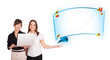 Young women presenting abstract copy space with diagrams and gra