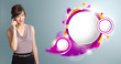 Pretty woman presenting abstract speech bubble copy space and ma
